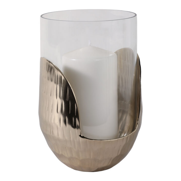 8x5" Metal Base Hurricane Pillar Holder, Gold/ Cle