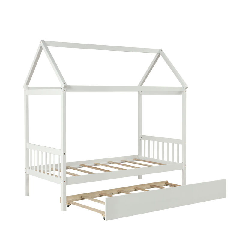 Whisen Solid Wood Twin House Bed Frame with Twin Size Trundle