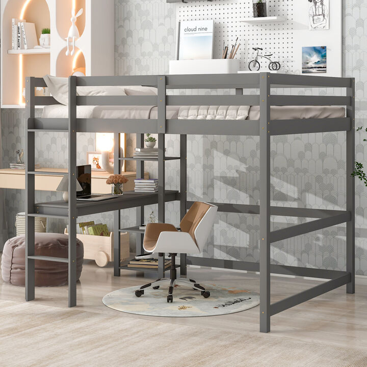Full Loft Bed with Desk and Shelves, Gray