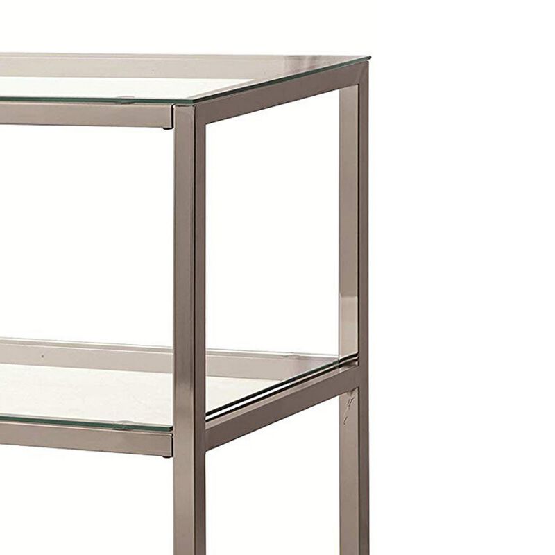 Glass and Metal Frame Sofa Table with 2 Open Shelves, Silver and Clear-Benzara