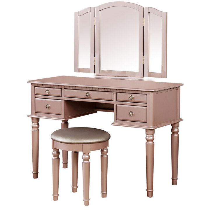 Vanity Set with Turned Tapered Legs and Three Piece Mirror, Rose Gold-Benzara