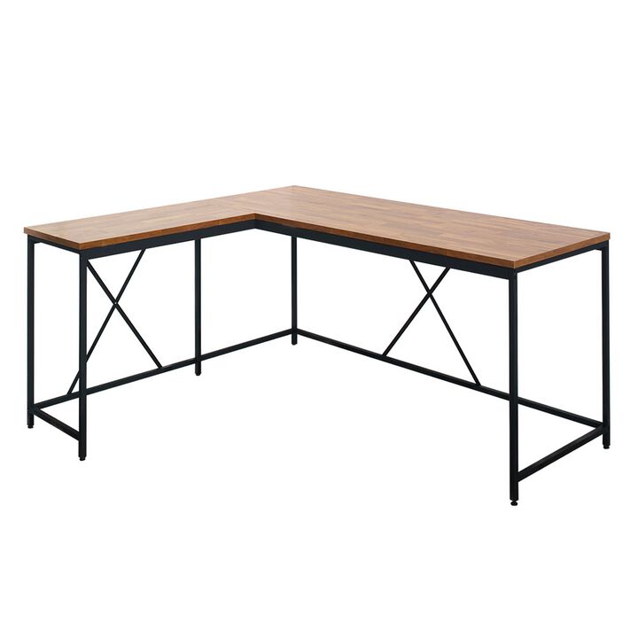 Posy Corner Desk, L Shaped Black Metal Frame, X Crossed, Oak Brown Wood Top - Benzara