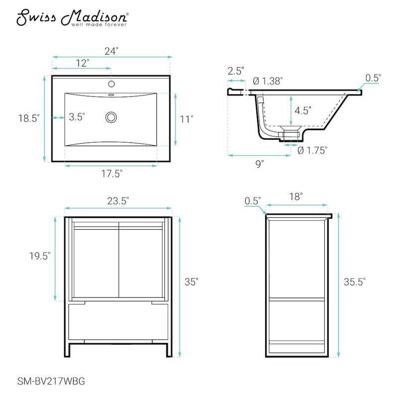 Marseille 24" Bathroom Vanity in White and Brushed Gold image number 6