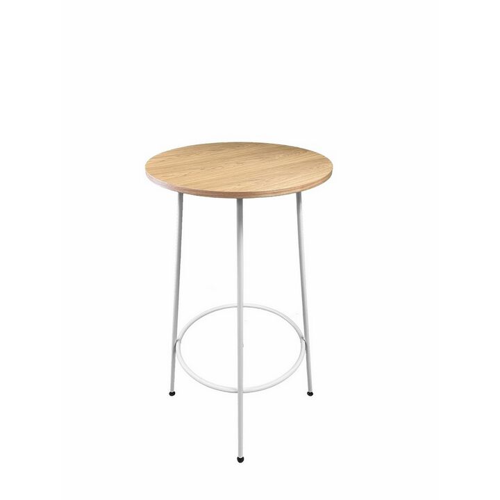 Neni 42 Inch Bar Table, Round Natural Brown Wood Top, Modern White Metal - Benzara