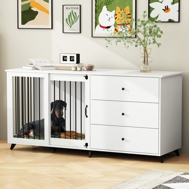 Dog House Furniture Style Dog Crate Storage Cabinet, Large Dog Crate with 3-Drawers for Large Medium Small Dogs, White