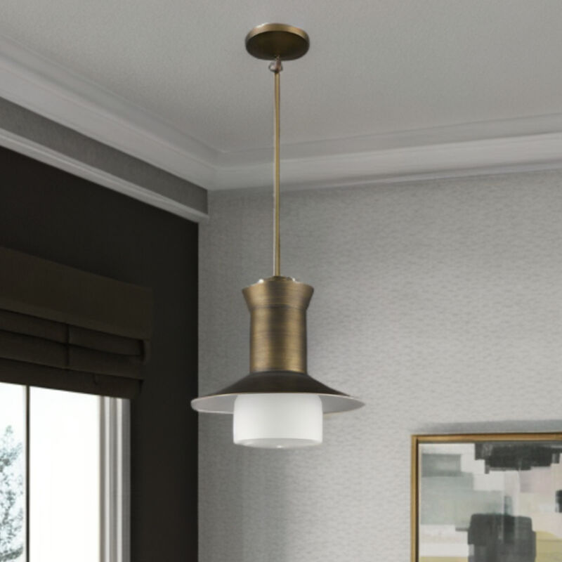 Hivvago Greta 1-Light Raw Brass Pendant With Gloss White Interior And Etched Glass Shade
