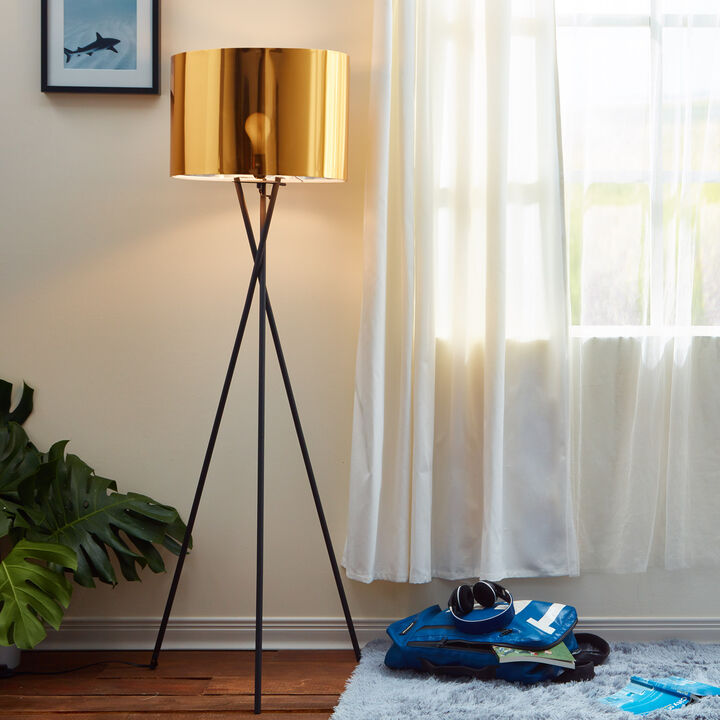 Teamson Home Cara 62.2" Modern Metal Tripod Floor Lamp with Drum Shade, Black/Gold