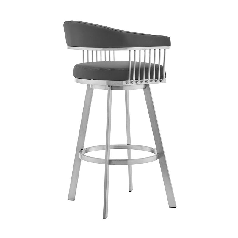 Swivel Barstool with Open Metal Frame and Slatted Arms, Gray and Silver-Benzara
