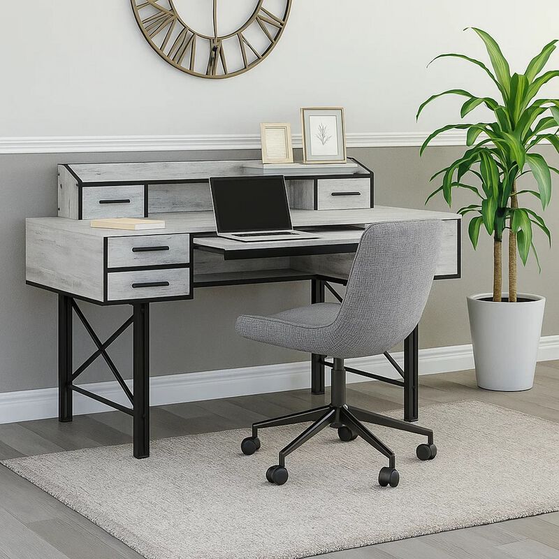 Computer Desk with 5 Drawers and Grains, Antique White and Black