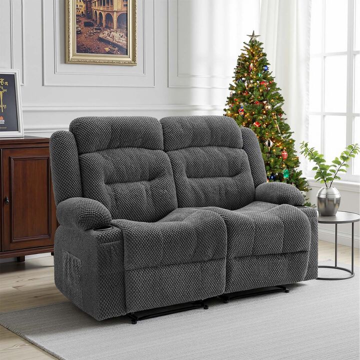 Reclining Loveseat Sofa with Heat Massage, USB Ports, Side Pockets and Cup Holders-Grey