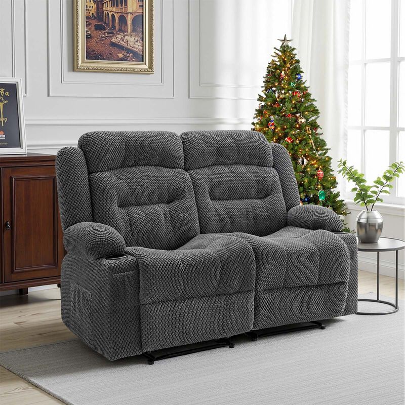 Reclining Loveseat Sofa with Heat Massage, USB Ports, Side Pockets and Cup Holders-Grey image number 1