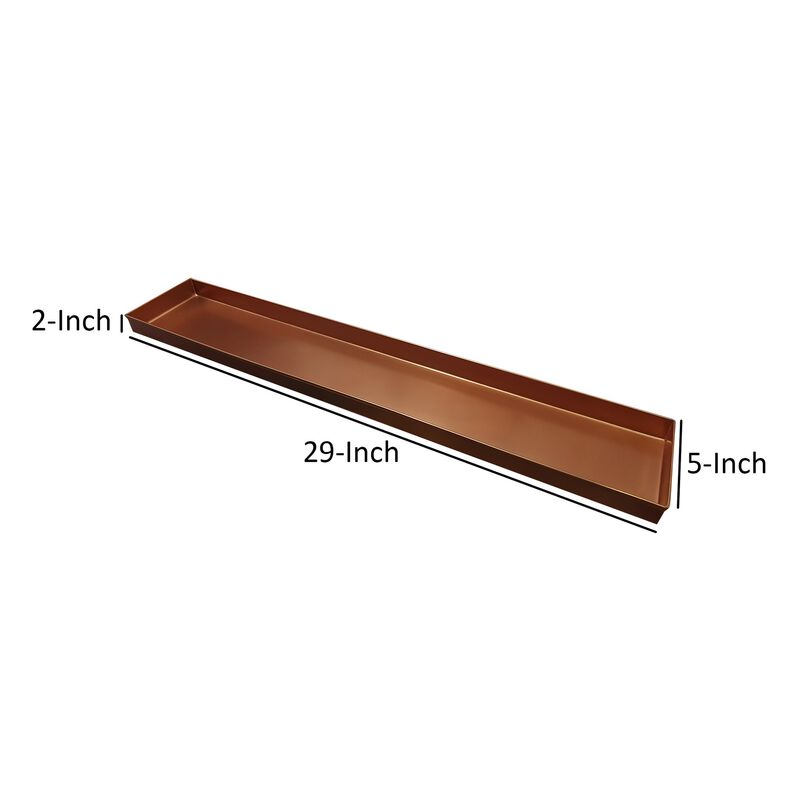 29 Inch Rectangular Metal Windowsill Planter Tray, Trim Edges, Large, Copper-Benzara