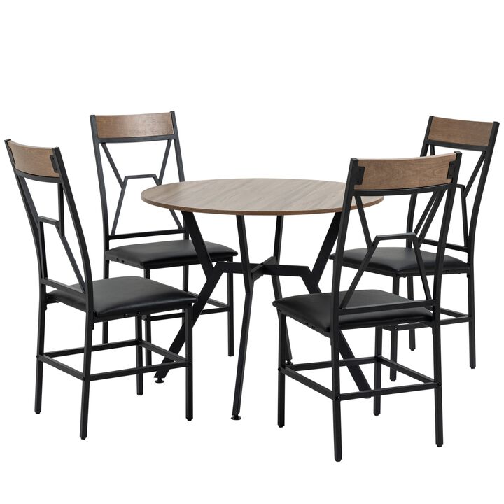 5 Pieces Diner Tables Industrial Dining Room Sets for 4 People with Round Table Padded Seat and Steel Frame Brown