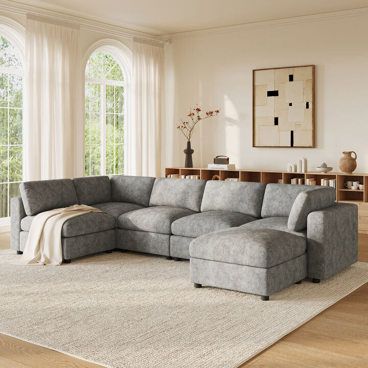 Merax Chenille 6-Piece Modular Sectional Sofa with Movable Ottoman