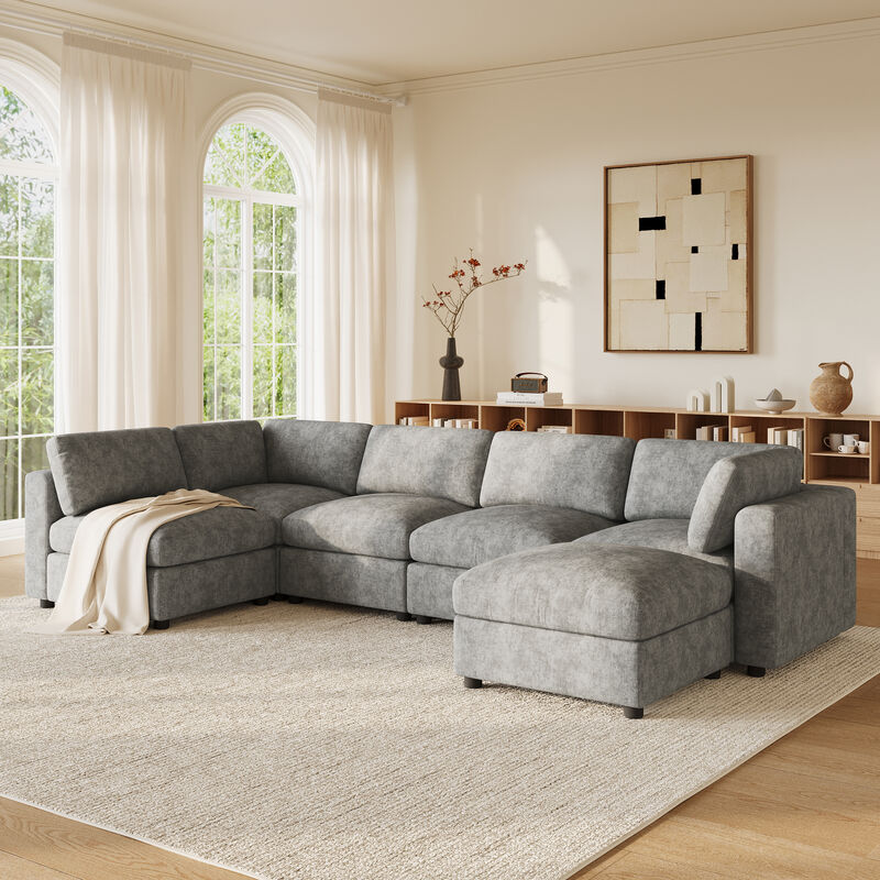Merax Chenille 6-Piece Modular Sectional Sofa with Movable Ottoman image number 1