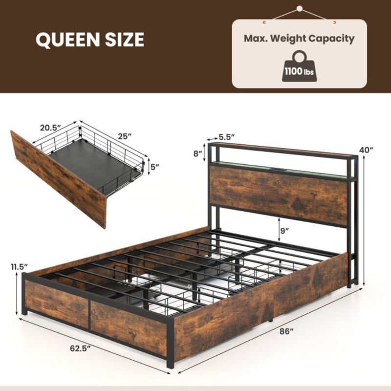 Full/Queen Size Bed Frame with Smart LED Lights and Storage Drawers