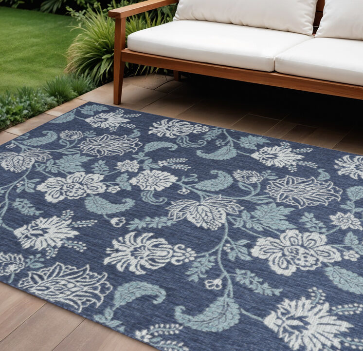 HomeRoots 6' X 9' Navy Blue And Ivory Floral Indoor Outdoor Area Rug