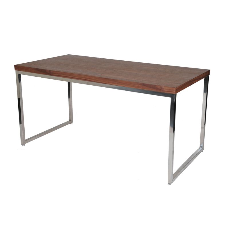Rami 59 Inch Office Desk, Rectangular Top, Walnut Brown Wood, Steel Frame - Benzara