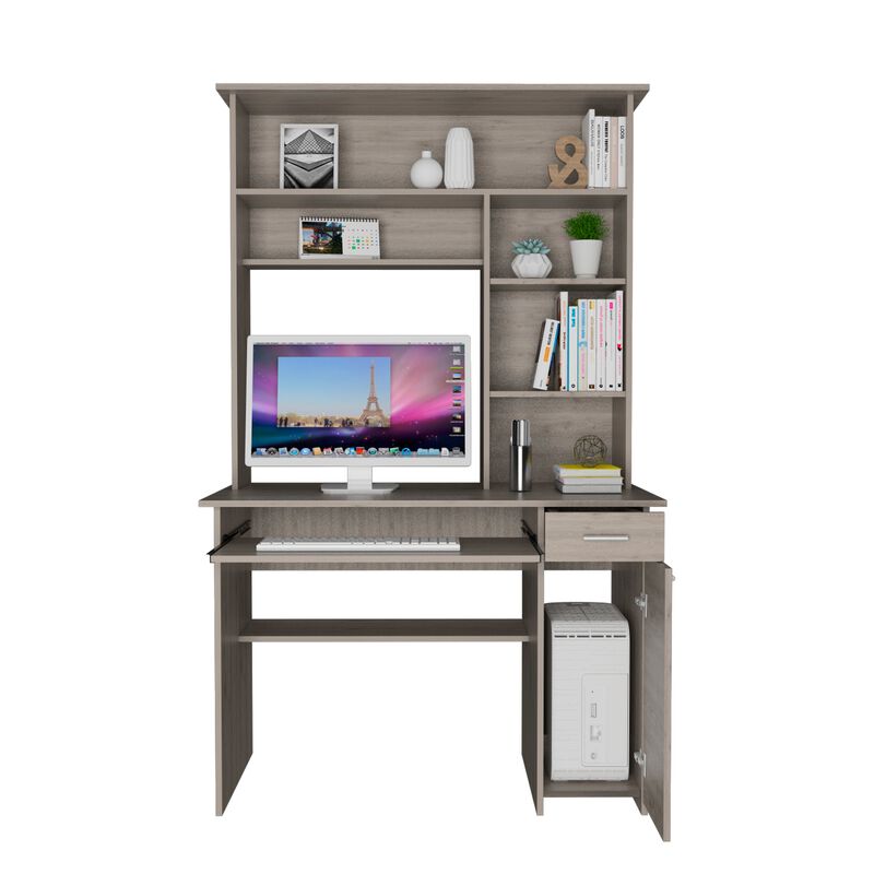 Compu 180 Hutch Desk, Multiple Shelves, Keyboard Tray, CPU anel, One Drawer -Light Gray