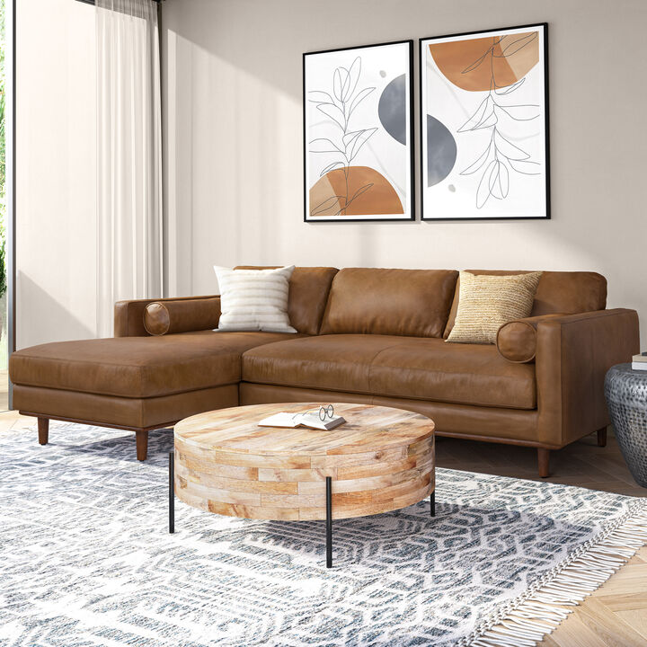 Morrison Mid Century Left Sectional 102 inch Wide Sofa Sectional in Caramel Brown Genuine Leather