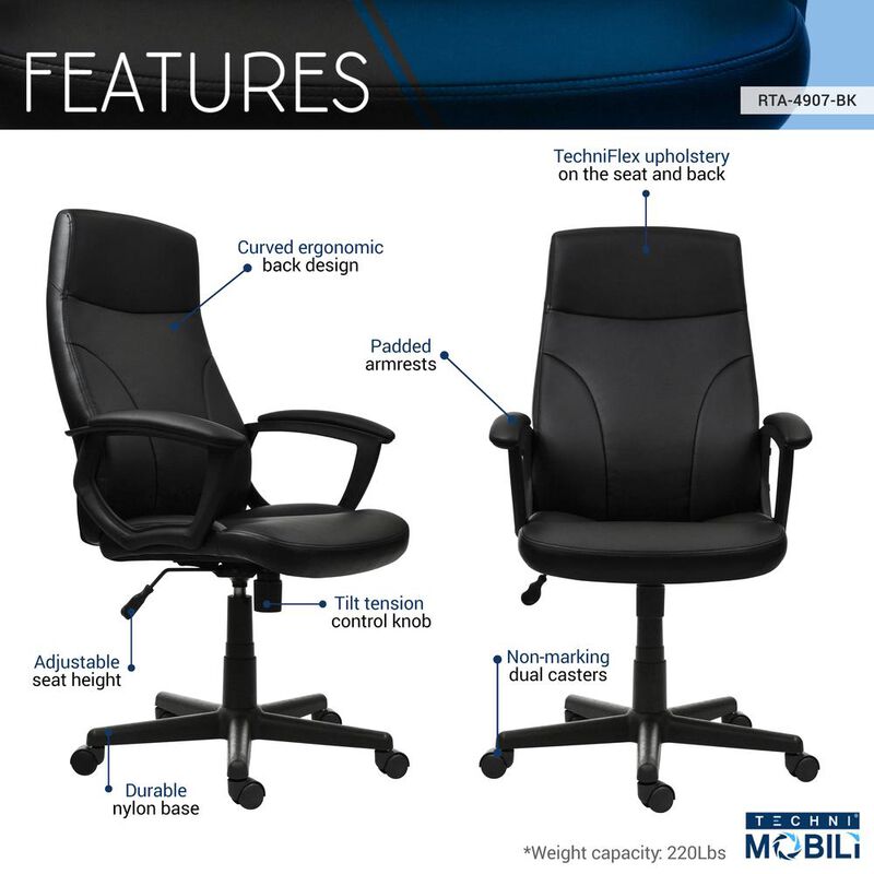 Techni Mobili Medium Back Executive Office Chair. Color: Black