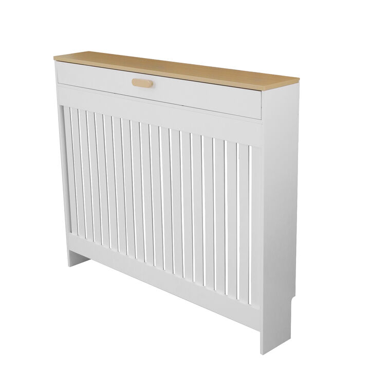 Radiator Cover with Drawer Shelf White Oak Finish Vertical MDF Slat Cabinet
