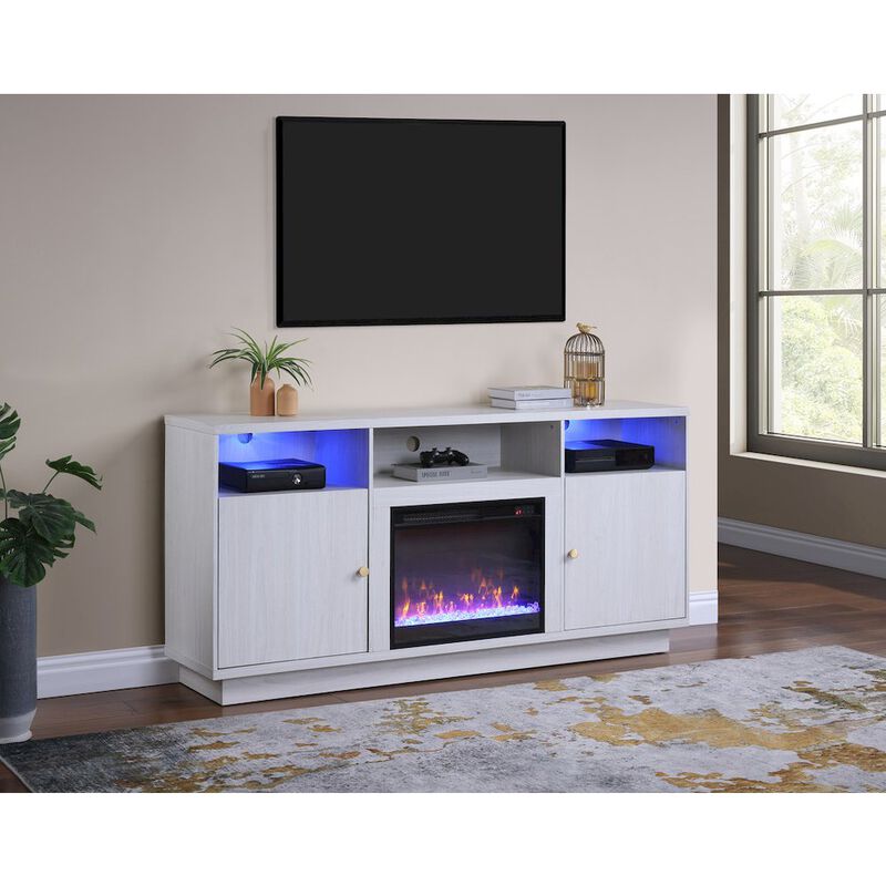 70"W White Walnut Finish Fireplace Console TV Stand with LED Light, Cabinets