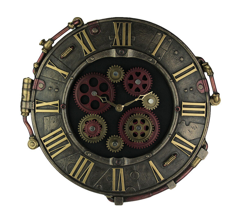 Steampunk Bronze Finish Rivet Plate Wall Clock With Moving Gears image number 0