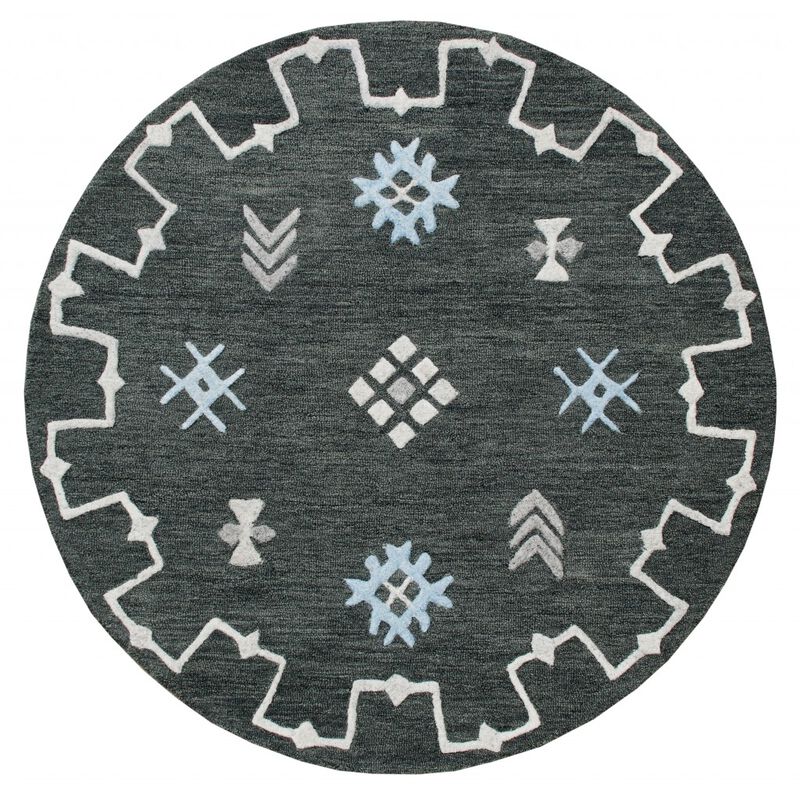 5 Round Charcoal Geometric Border Area Rug