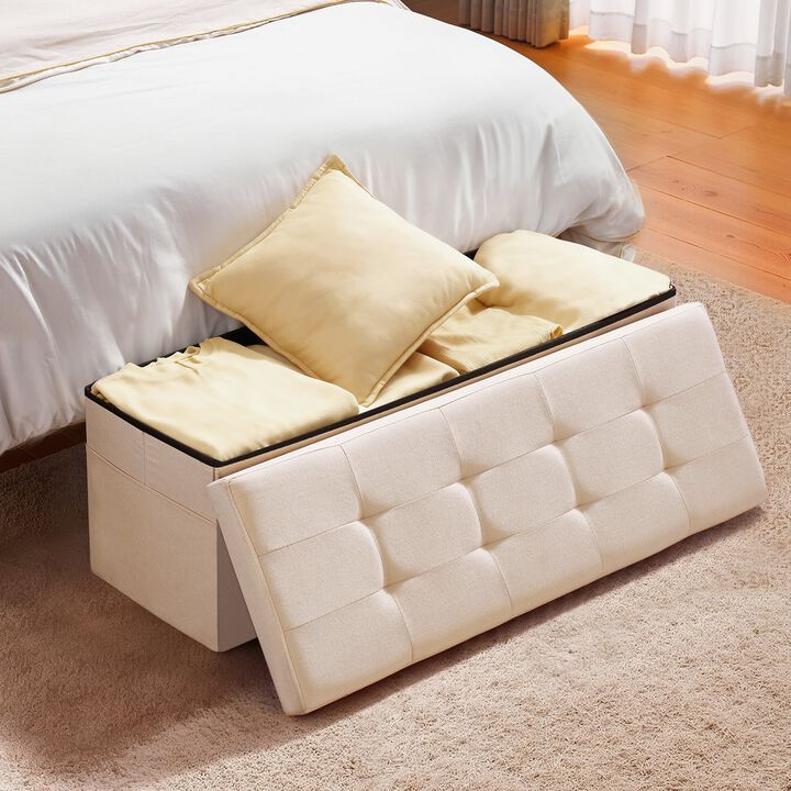 Upholstered Storage Ottoman Bench with Folding Design and Side Bags