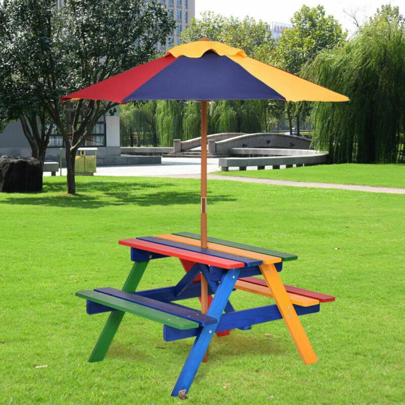 Hivvago Outdoor 4-Seat Kids Picnic Table Bench Set with Removable Umbrella