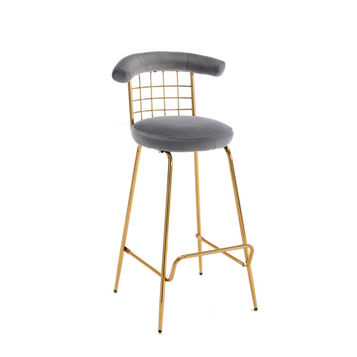 Barstool Set of 2, Luxury Velvet High Barstool with Metal Legs and Soft Back, Pub Stool Chairs Armless Modern Kitchen High Dining Chairs with Metal Legs, Grey