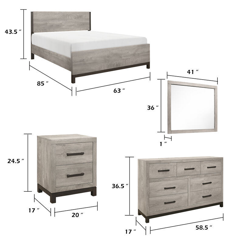 Queen Bedroom Set, Gray Wood, 5 Piece Set with 2 Nightstands, Dresser, and Mirror image number 7