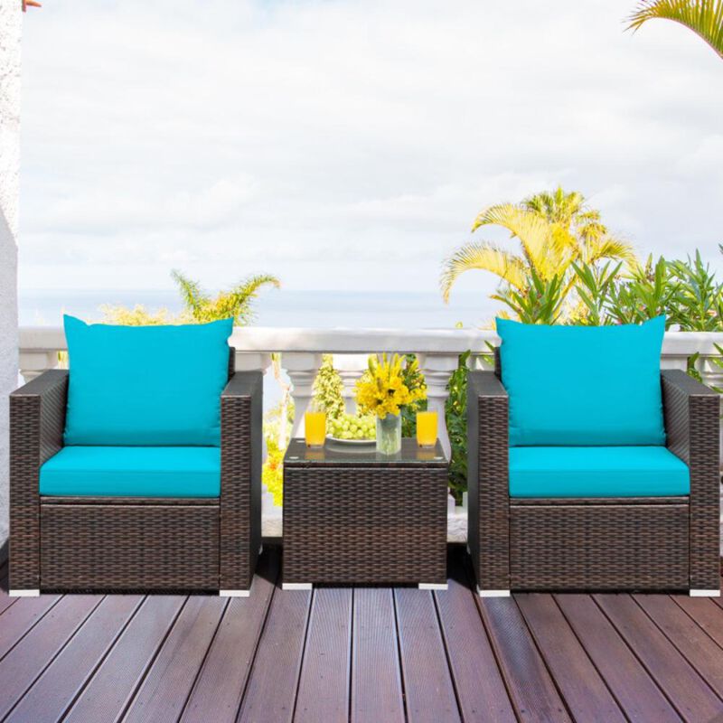 Hivvago 3 Pieces Patio Conversation Rattan Furniture Set with Cushion