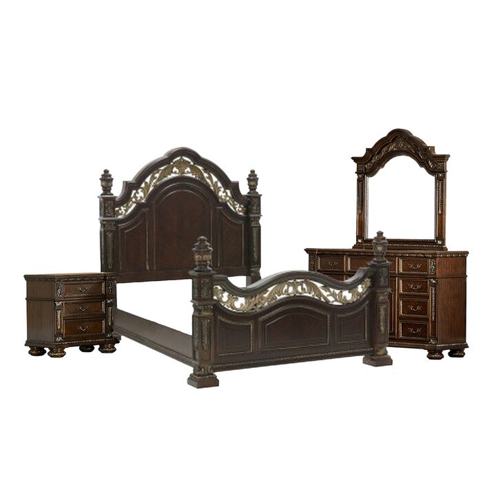 Lumi Four Pc Queen Bedroom Set, Gold Scrollwork, Acanthus Leaf Carving, Cherry Brown - Benzara