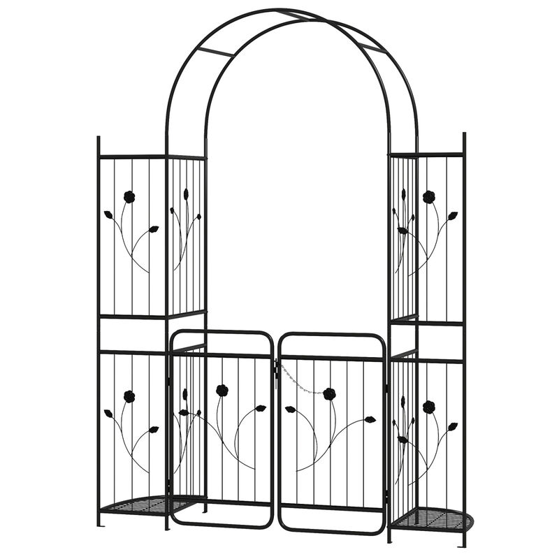 Garden Arch Trellis with Gate and Planter Shelves for Backyard-Black image number 0