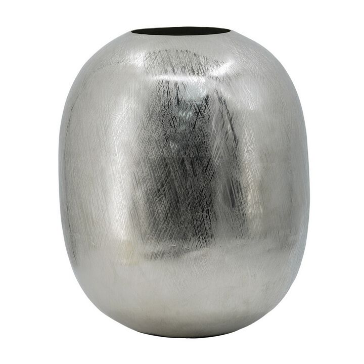 Chan 13 Inch Modern Metal Vase, Curved Round Shape, Metallic Silver Finish - Benzara