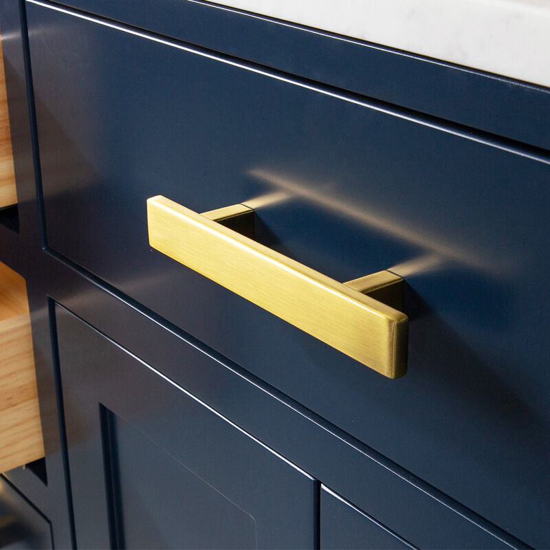 Madison 60 In. Double Sink Carrara White Marble Countertop Bath Vanity In Monarch Blue with Satin Gold Hardware