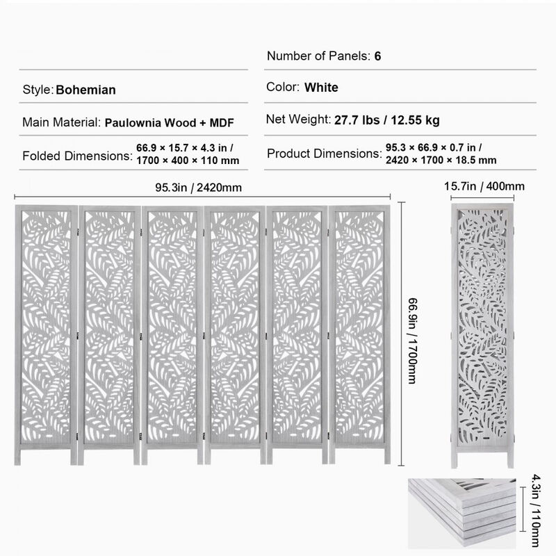 6-Panel Wood Room Divider, Folding Carved Privacy Screen for Home & Office image number 2