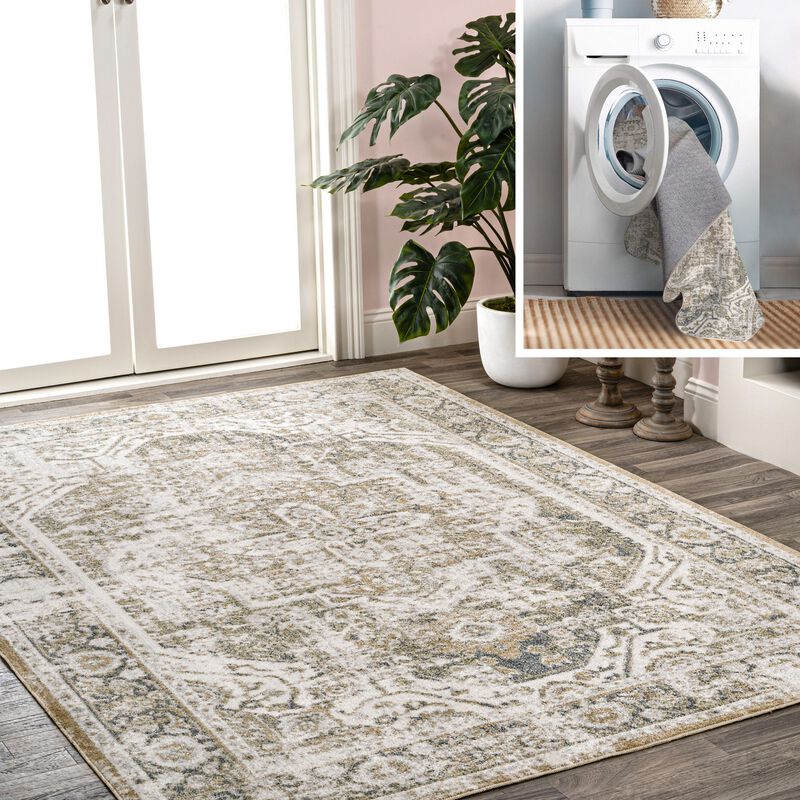 Keesha Bold Distressed Medallion Low-Pile Machine-Washable Blue/Cream. Area Rug