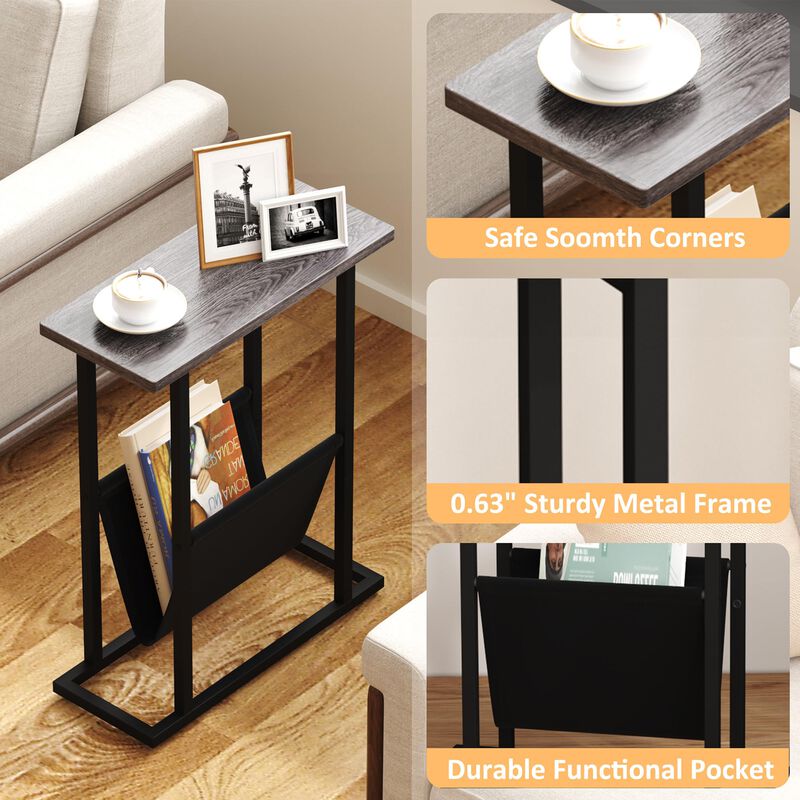 Yusong Narrow Side Table for Small Spaces, Small End Table with Magazine Holder Table, Skinny Slim Little Thin Table for Living