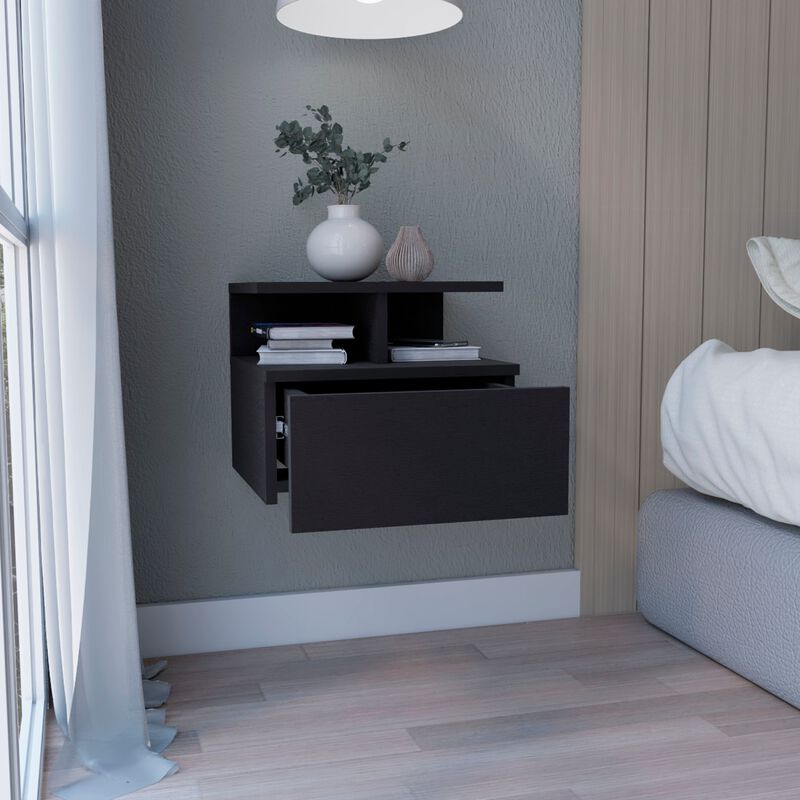 DEPOT E-SHOP Seward Floating Nightstand, Wall Mounted with Single Drawer and 2-Tier Shelf