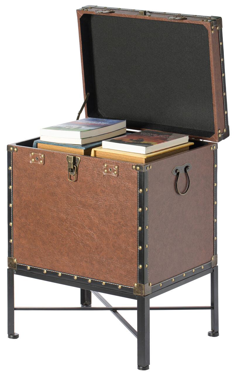 Silver and Brown Trimmed Faux Leather Lockable Square Lined Storage Trunk, End Table on Metal Stand