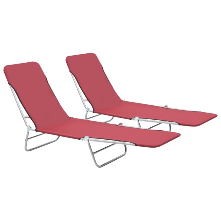 vidaXL 2X Folding Sun Loungers Camping Outdoor Garden Patio Beach Poolside Sun Relaxing Chaise Lounge Chair Seating Steel and Fabric Red