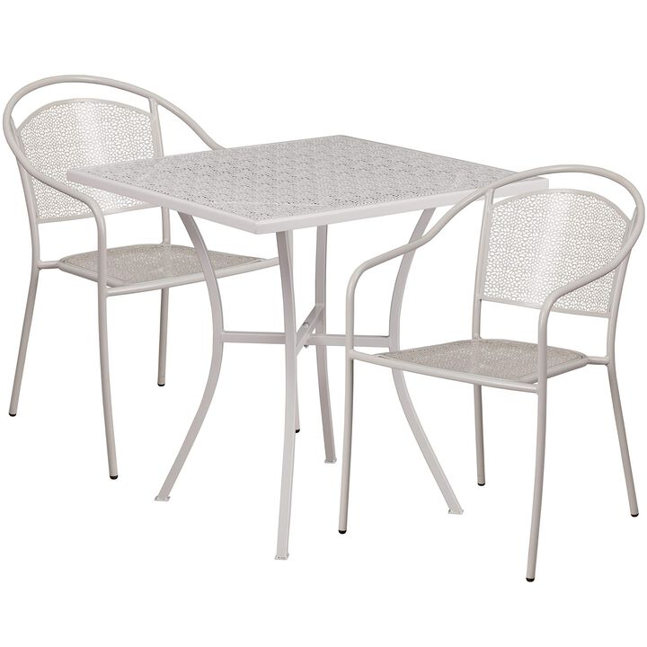 Flash Furniture Commercial Grade 28" Square Light Gray Indoor-Outdoor Steel Patio Table Set with 2 Round Back Chairs