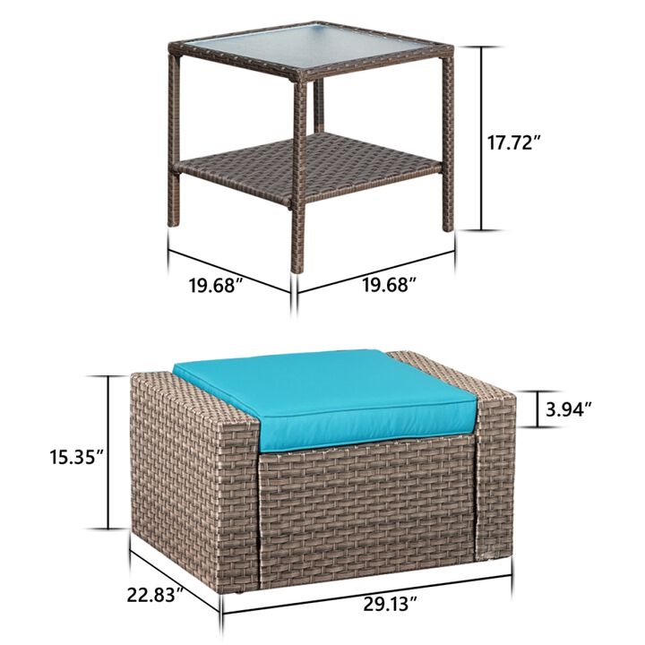 Pool Patio Garden Square PE Rattan Wicker Brown Outdoor Ottoman Foot Stool With Coffee Table Cushions