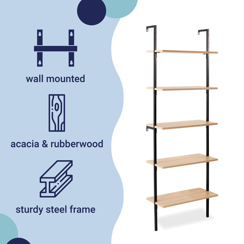 Madera  Industrial 5-Shelf Wood Wall-Mounted Open Ladder Bookcase