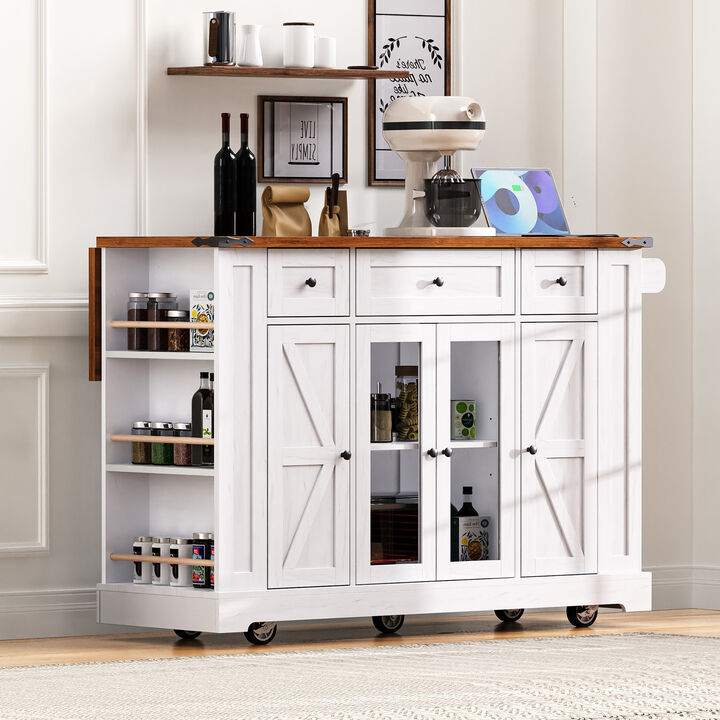 Merax Farmhouse Kitchen Island with Drop Leaf, Charging Station