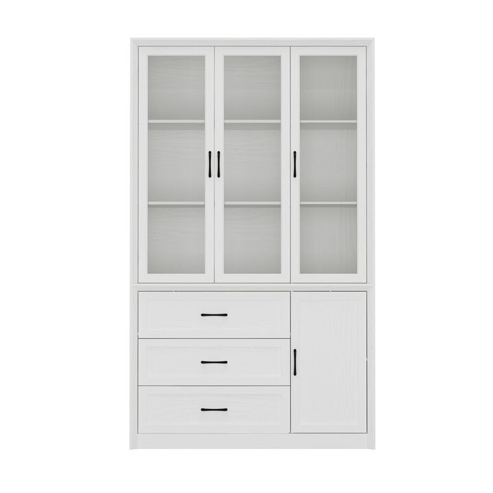 FUFU&GAGA Modern Kitchen Cabinet with 3 Glass Doors, 3 Drawers and Black Handles, (47.4 in. W x 15.7 in. D x 79.6 in. H), White