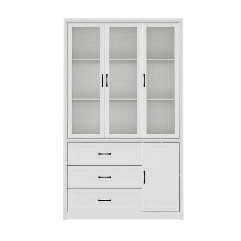 FUFU&GAGA Modern Kitchen Cabinet with 3 Glass Doors, 3 Drawers and Black Handles, (47.4 in. W x 15.7 in. D x 79.6 in. H), White